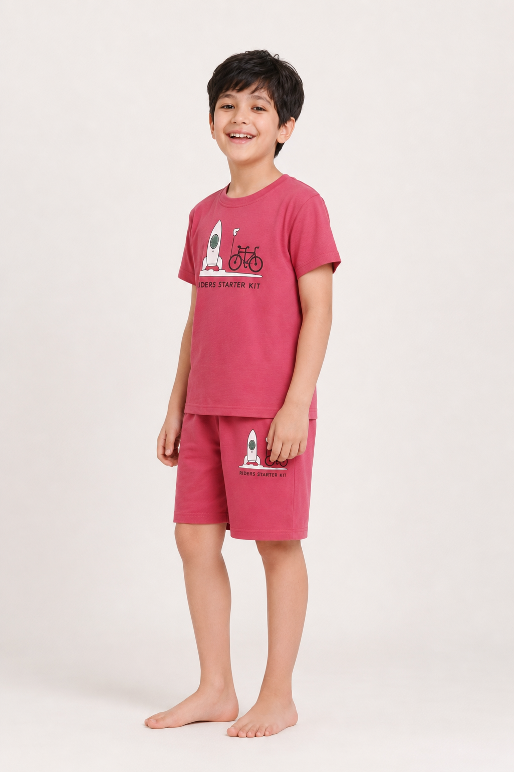 Boys rose pink rocket and bicycle short night suit side view