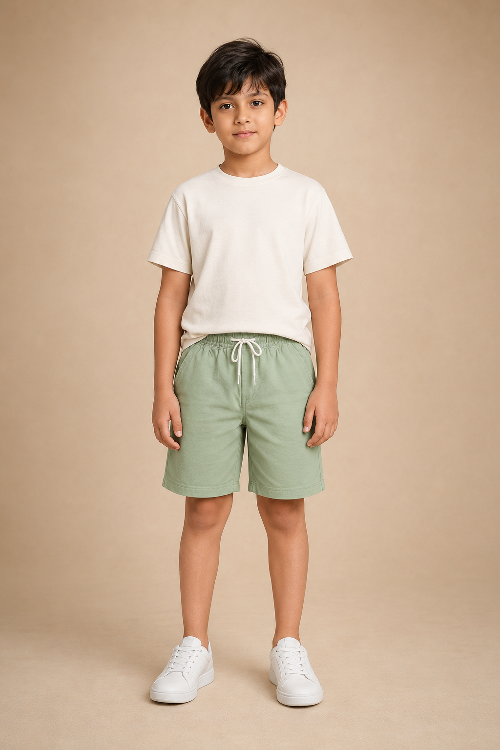 Boy model wearing Pista Green premium cotton shorts, front view