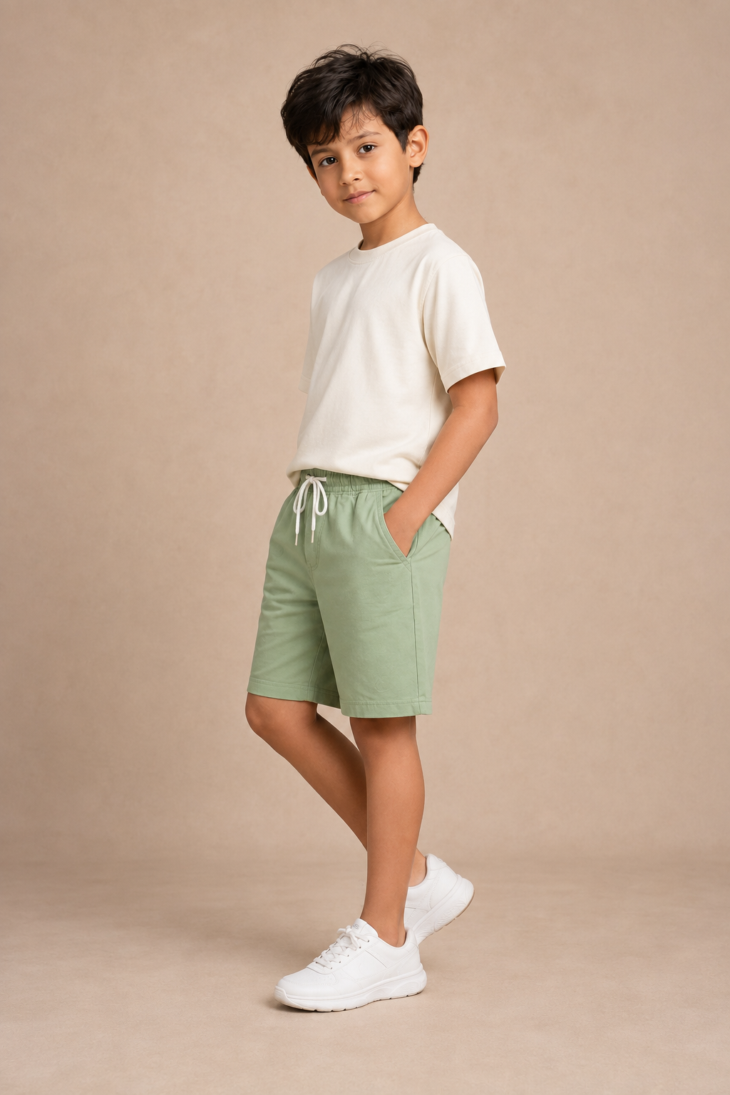 Three-quarter view of Pista Green premium cotton shorts