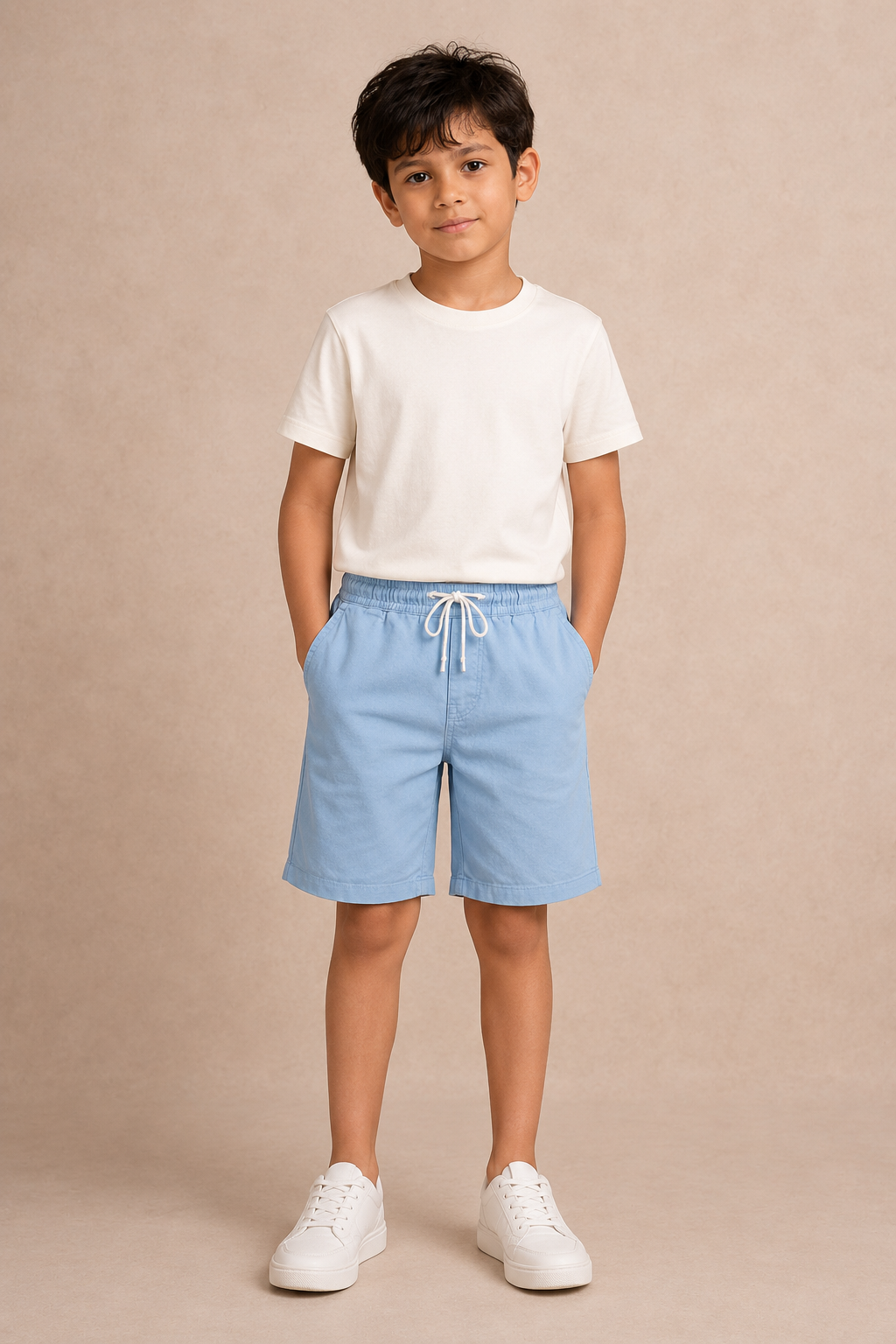 Boy model wearing Sky Blue premium cotton shorts, front view