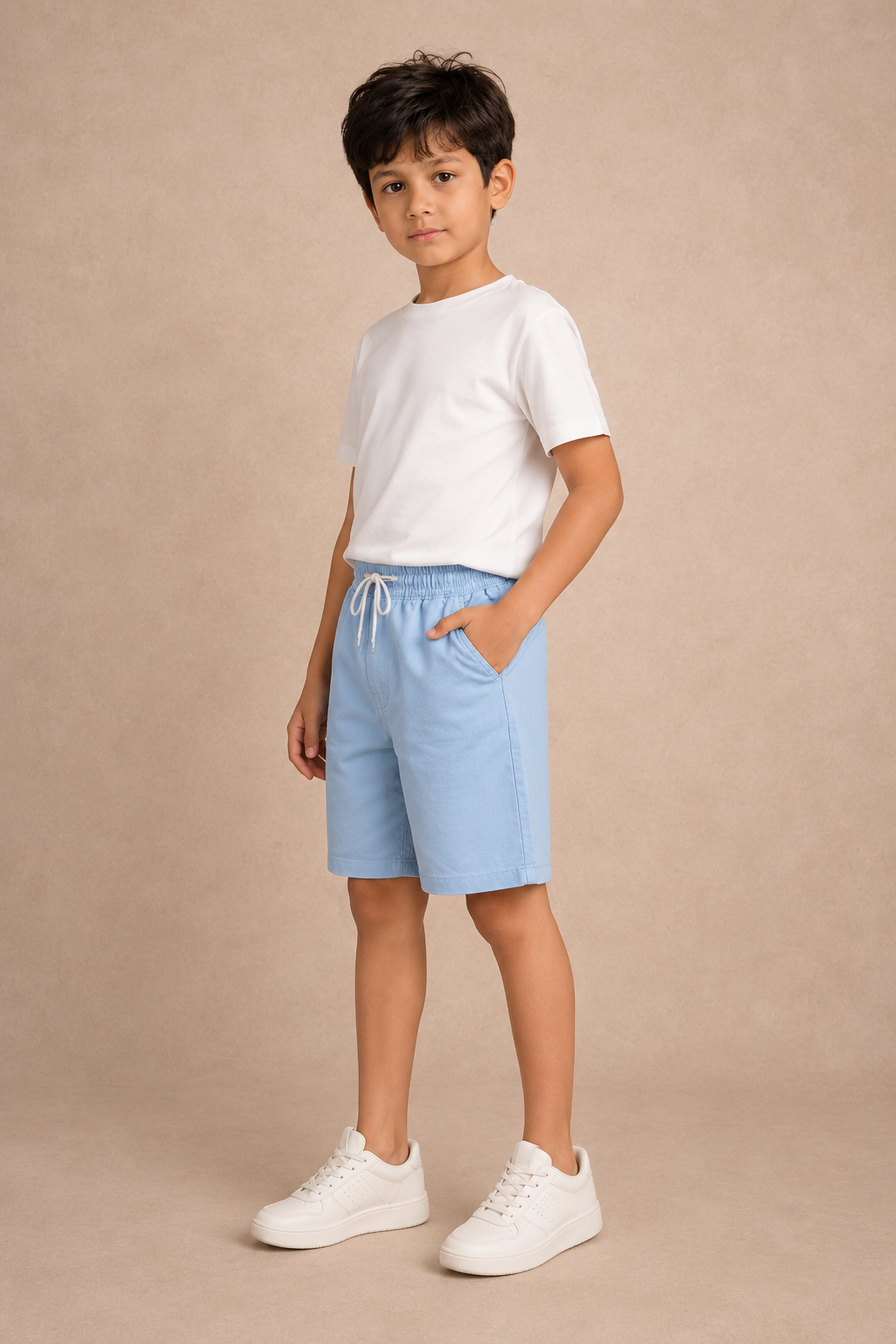 Three-quarter view of Sky Blue premium cotton shorts
