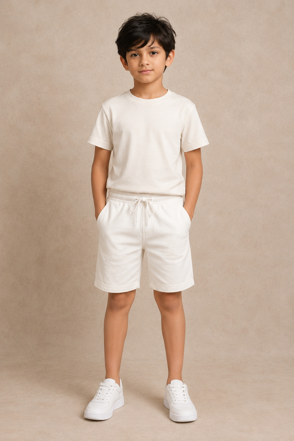 Boy model wearing Classic White premium cotton shorts, front view