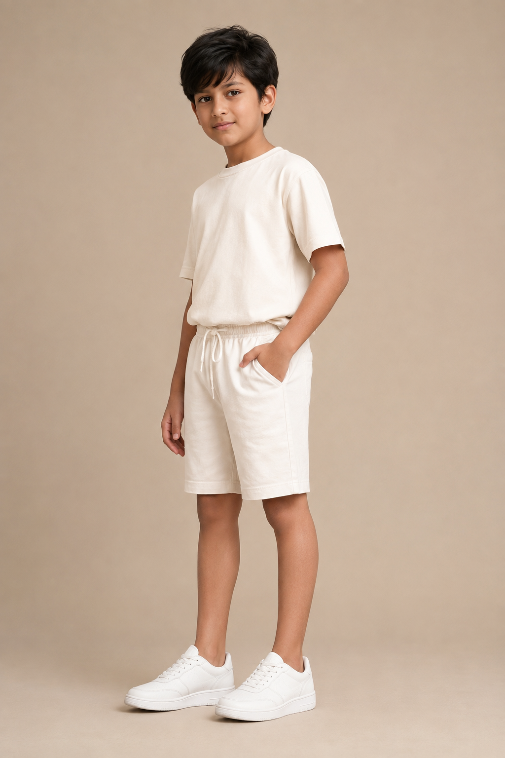 Three-quarter view of Classic White premium cotton shorts