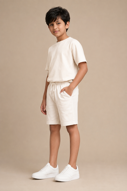 Three-quarter view of Classic White premium cotton shorts