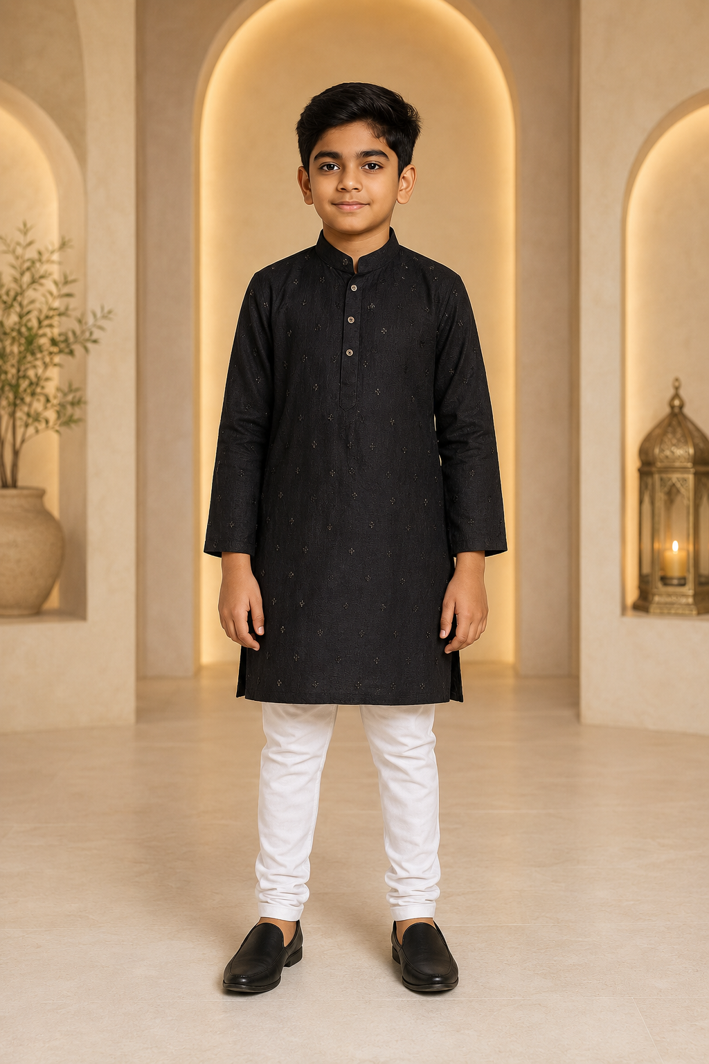 Boys Regal Black mirror work kurta pajama set – front view