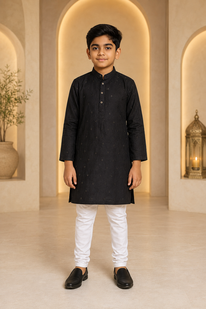 Boys Regal Black mirror work kurta pajama set – front view