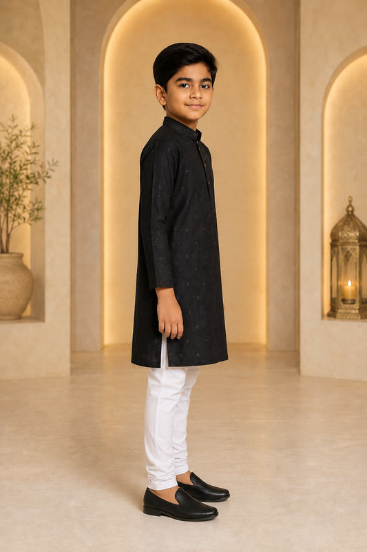 Boys Regal Black mirror work kurta pajama set – side view