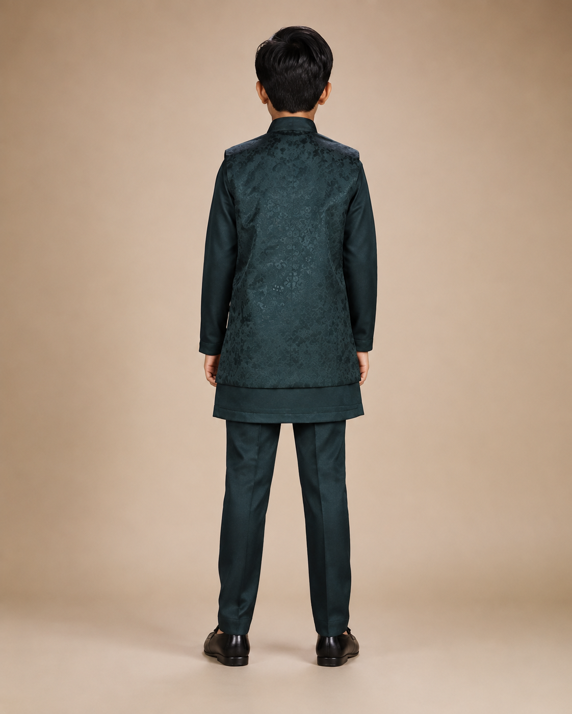 Back view of the Boys Bottle Green three-piece kurta jacket set