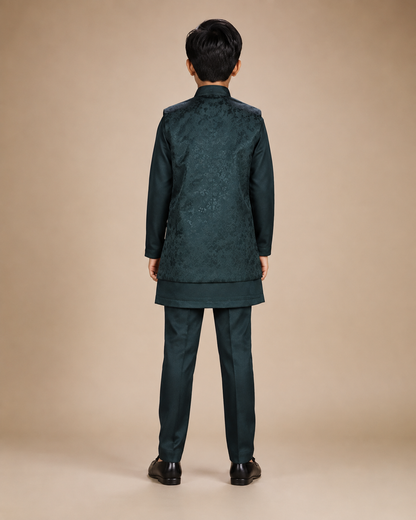Back view of the Boys Bottle Green three-piece kurta jacket set
