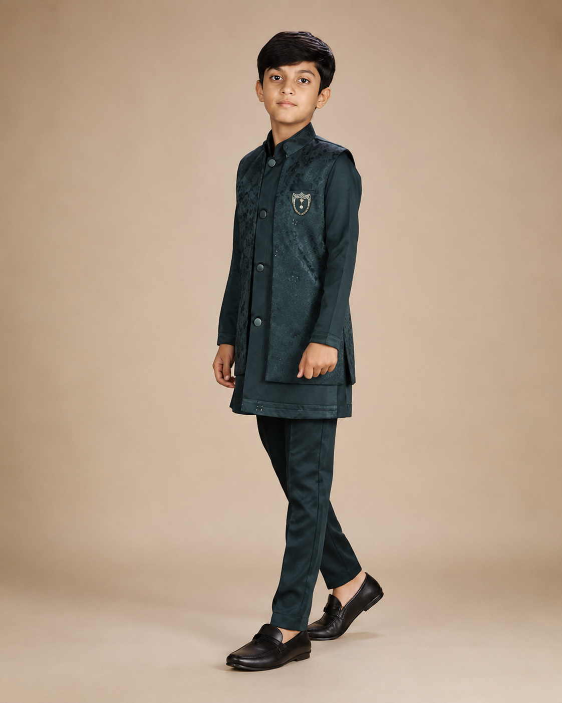 Three-quarter view of the Boys Bottle Green three-piece kurta jacket set
