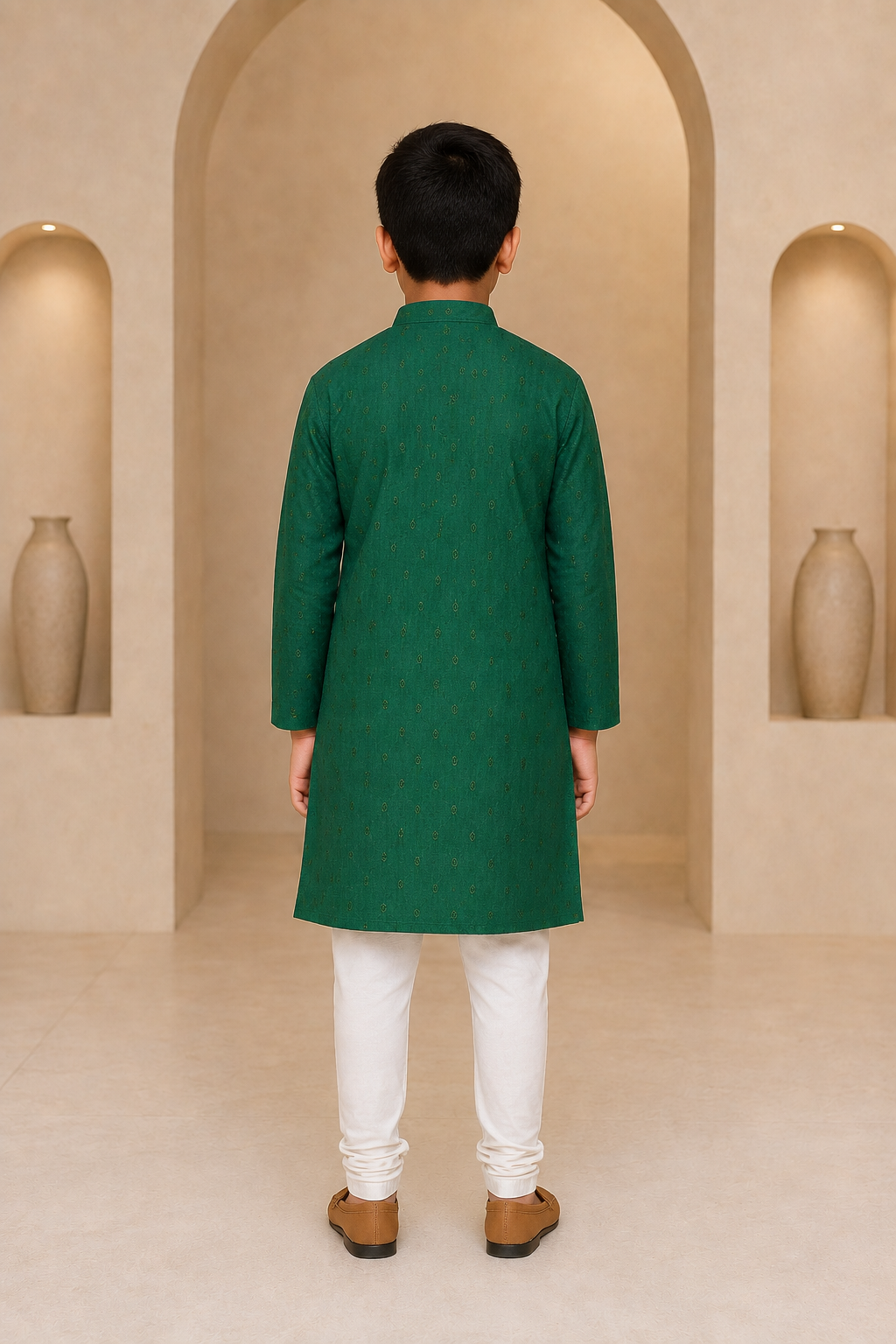 Boys Royal Green mirror work kurta pajama set – back view