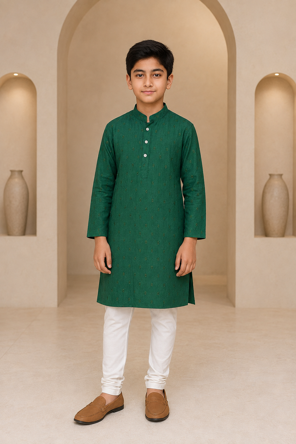 Boys Royal Green mirror work kurta pajama set – front view
