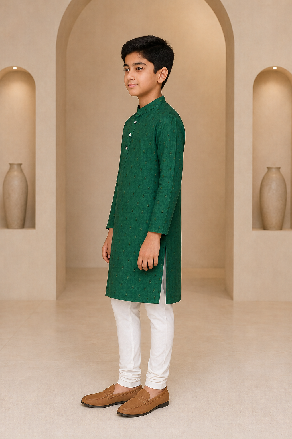 Boys Royal Green mirror work kurta pajama set – side view