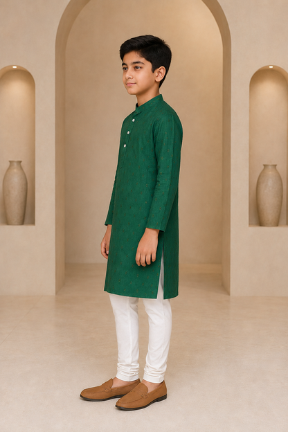 Boys Royal Green mirror work kurta pajama set – side view