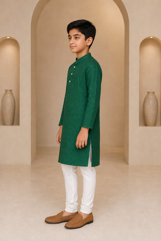 Boys Royal Green mirror work kurta pajama set – side view