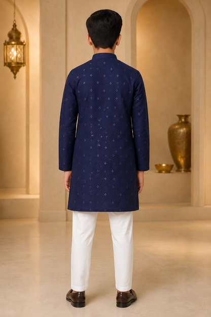 Boys Royal Midnight Blue embroidered kurta pajama set – back view