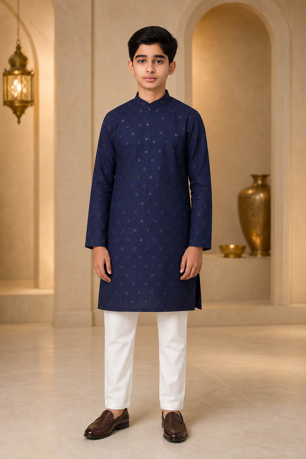 Boys Royal Midnight Blue embroidered kurta pajama set – front view