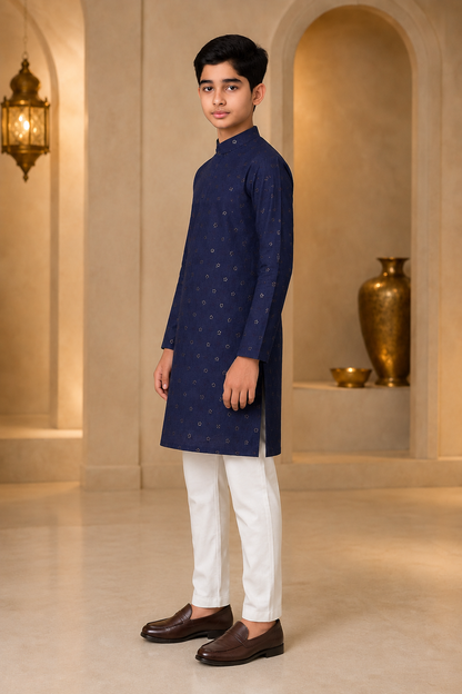 Boys Royal Midnight Blue embroidered kurta pajama set – side view
