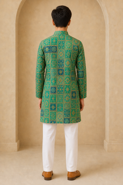 Boys Royal Mosaic Green print kurta pajama set rear view