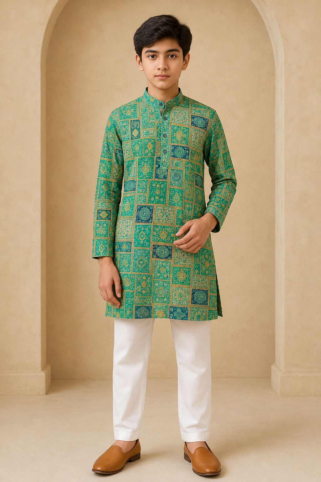 Boys Royal Mosaic Green print kurta pajama set front view