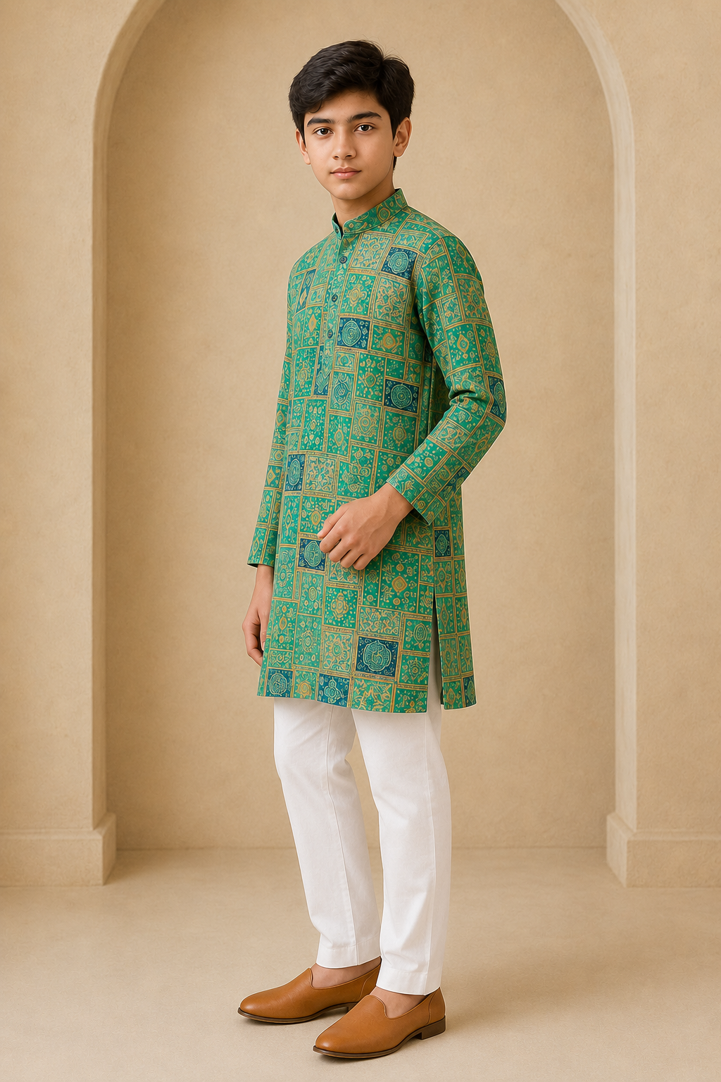 Boys Royal Mosaic Green print kurta pajama set side view