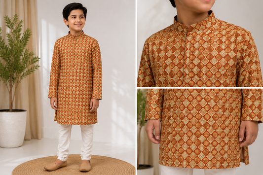 Boys Rust Gold printed kurta set - model and detail views