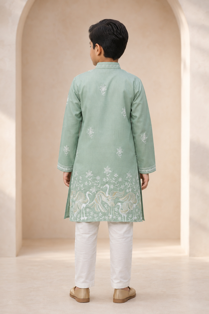 Boys Sage Green Crane Embroidered kurta set rear view