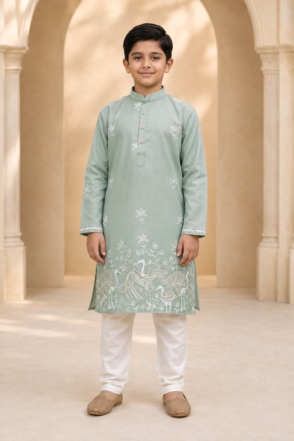 Boys Sage Green Crane Embroidered kurta set front view