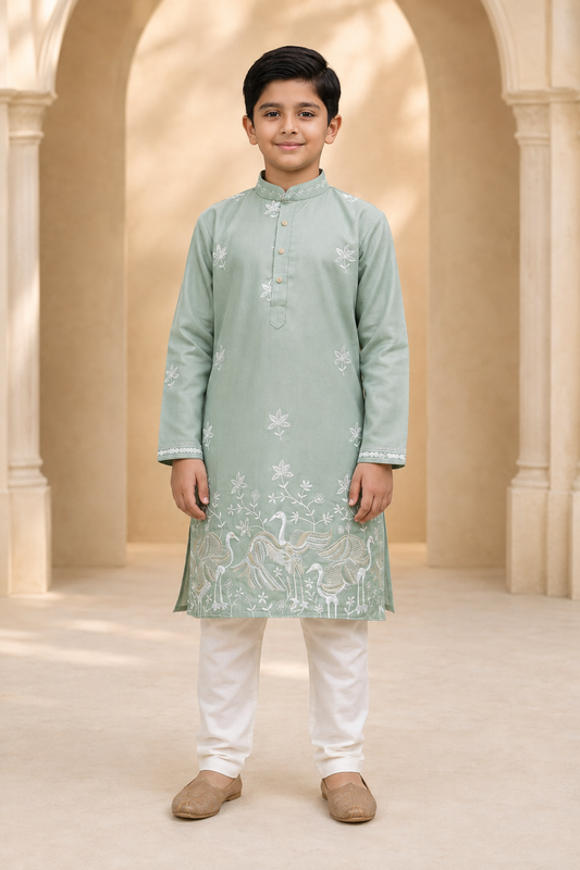 Boys Sage Green Crane Embroidered kurta set front view