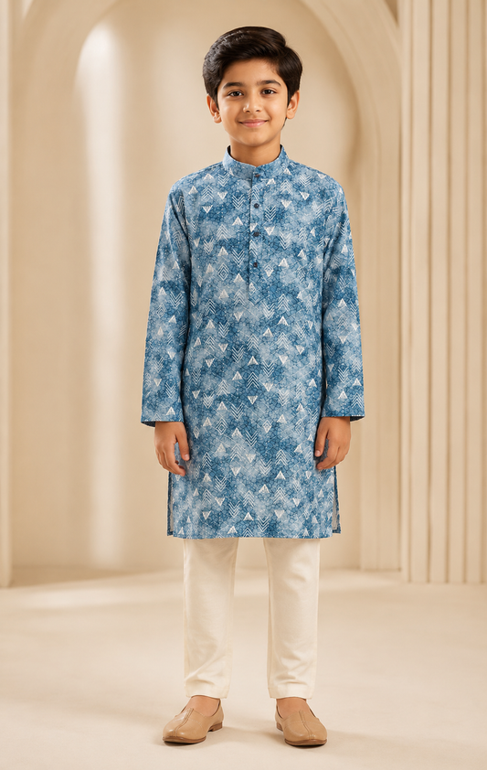 Boys Sky Blue Abstract Geometric kurta set front view