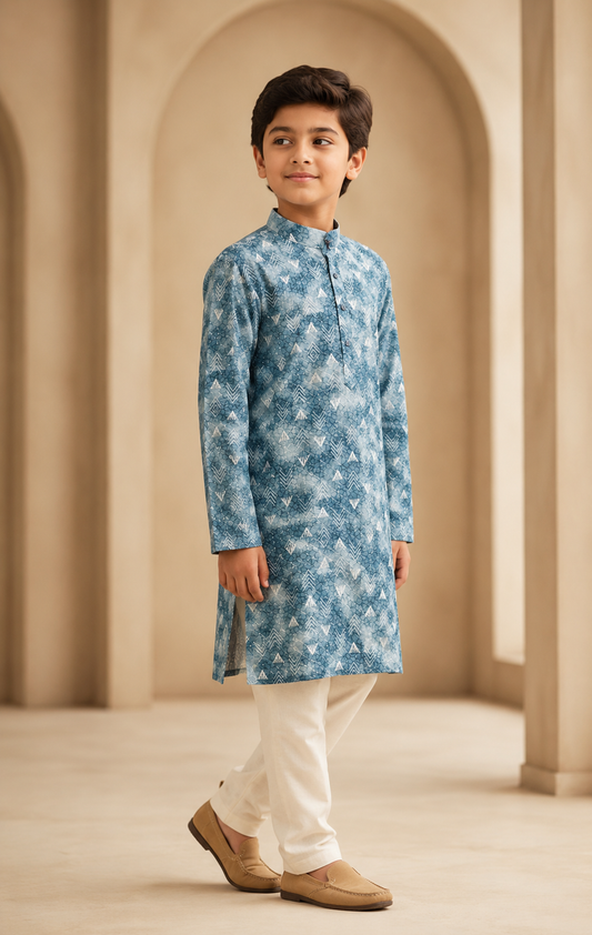 Boys Sky Blue Abstract Geometric kurta set side view