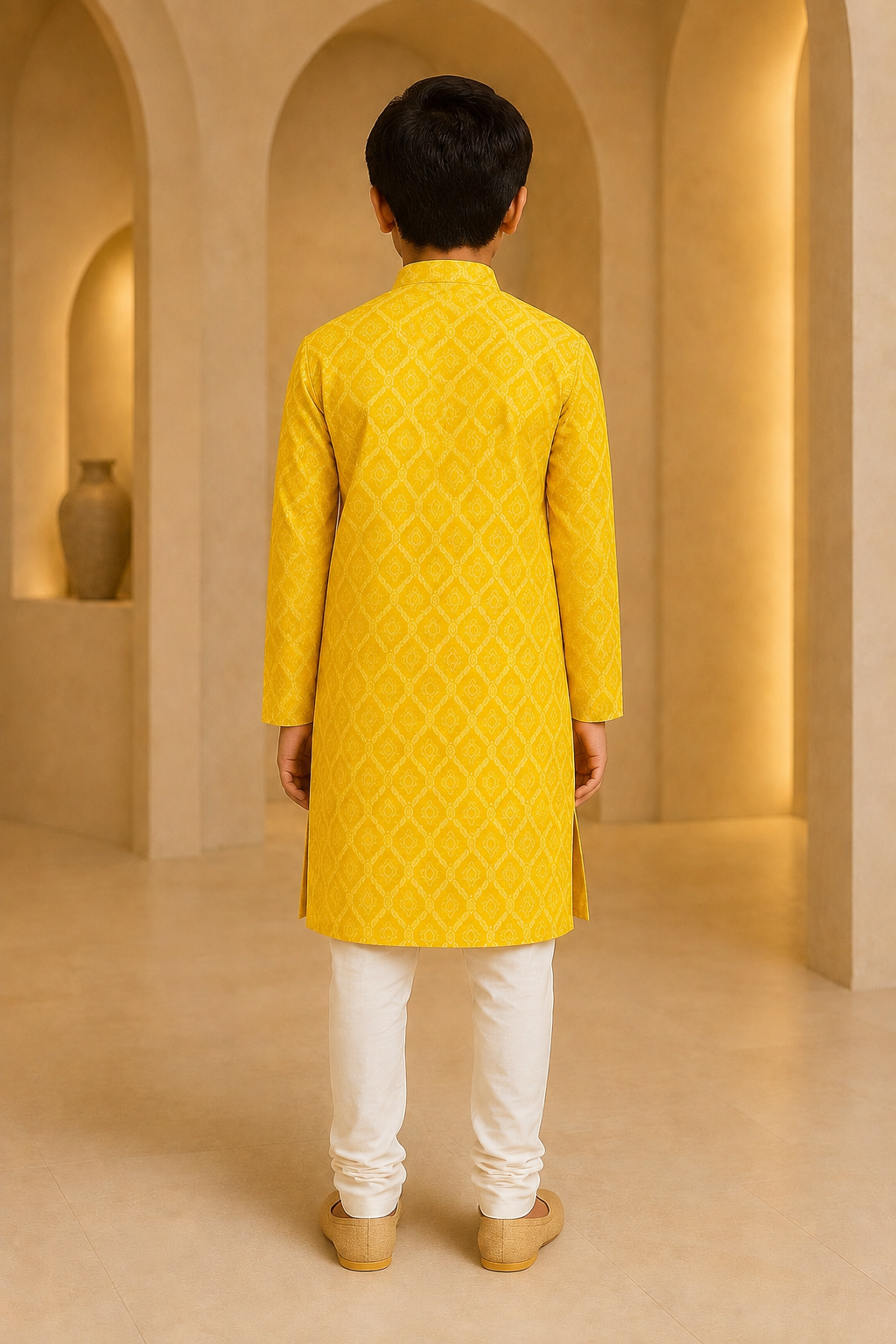 Boys sunrise yellow ikat kurta set – back view