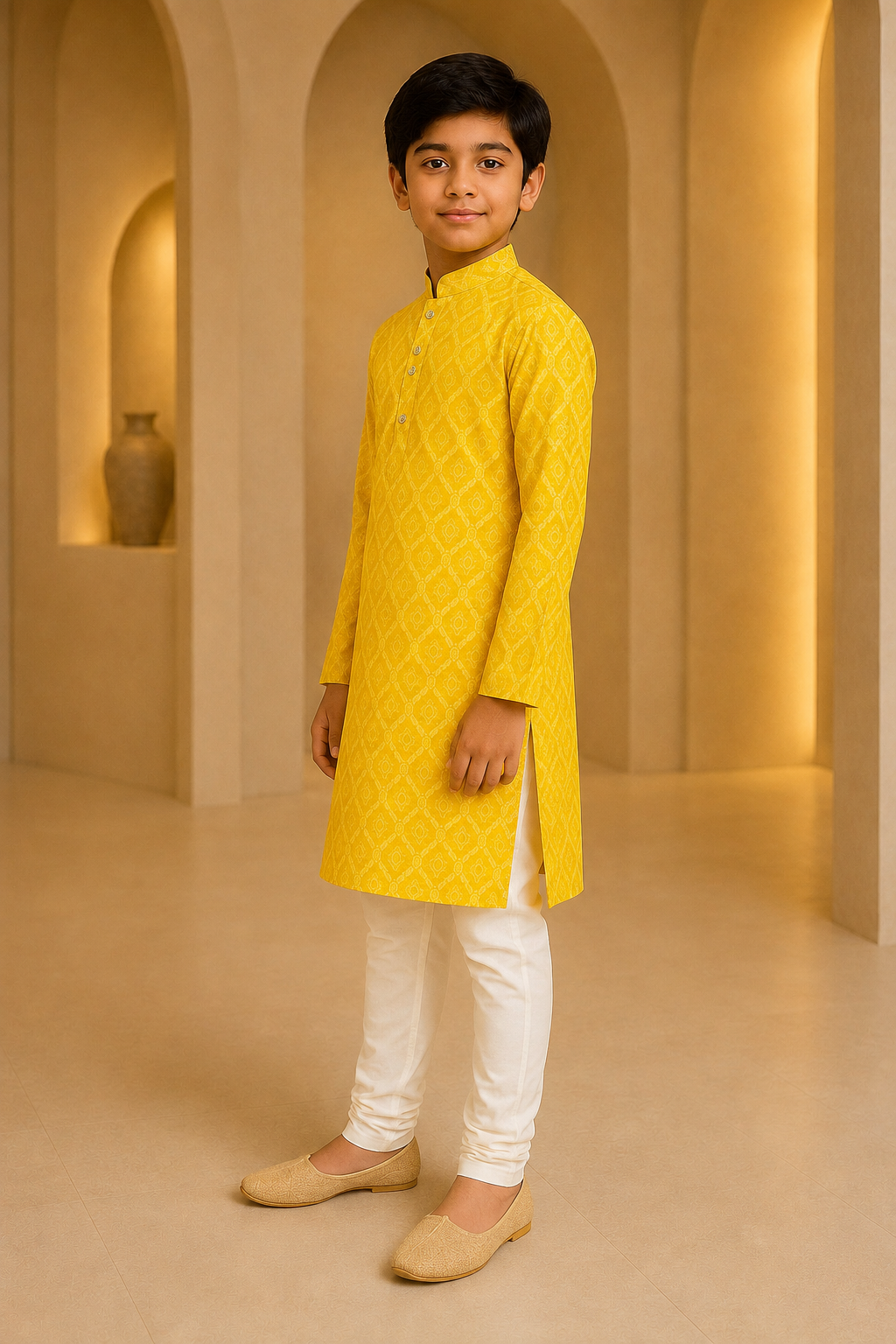 Boys sunrise yellow ikat kurta set – side view