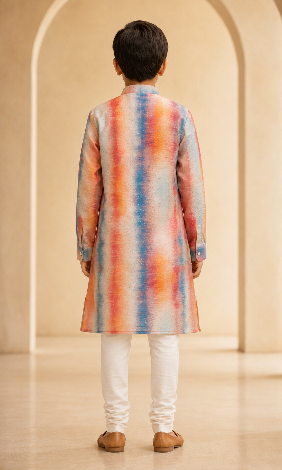 Boys Sunset Orange printed kurta churidar set rear view