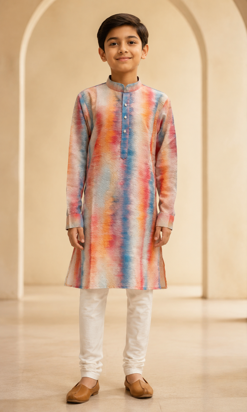 Boys Sunset Orange printed kurta churidar set front view