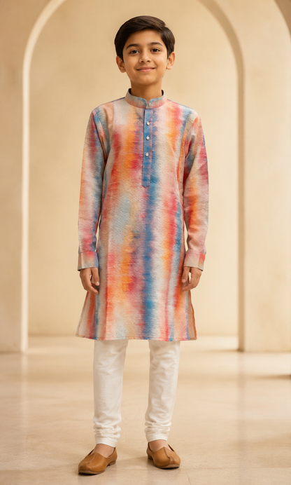 Boys Sunset Orange printed kurta churidar set front view