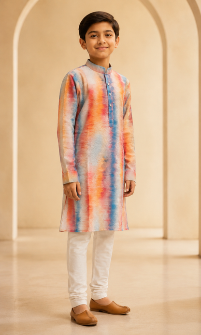Boys Sunset Orange printed kurta churidar set side view