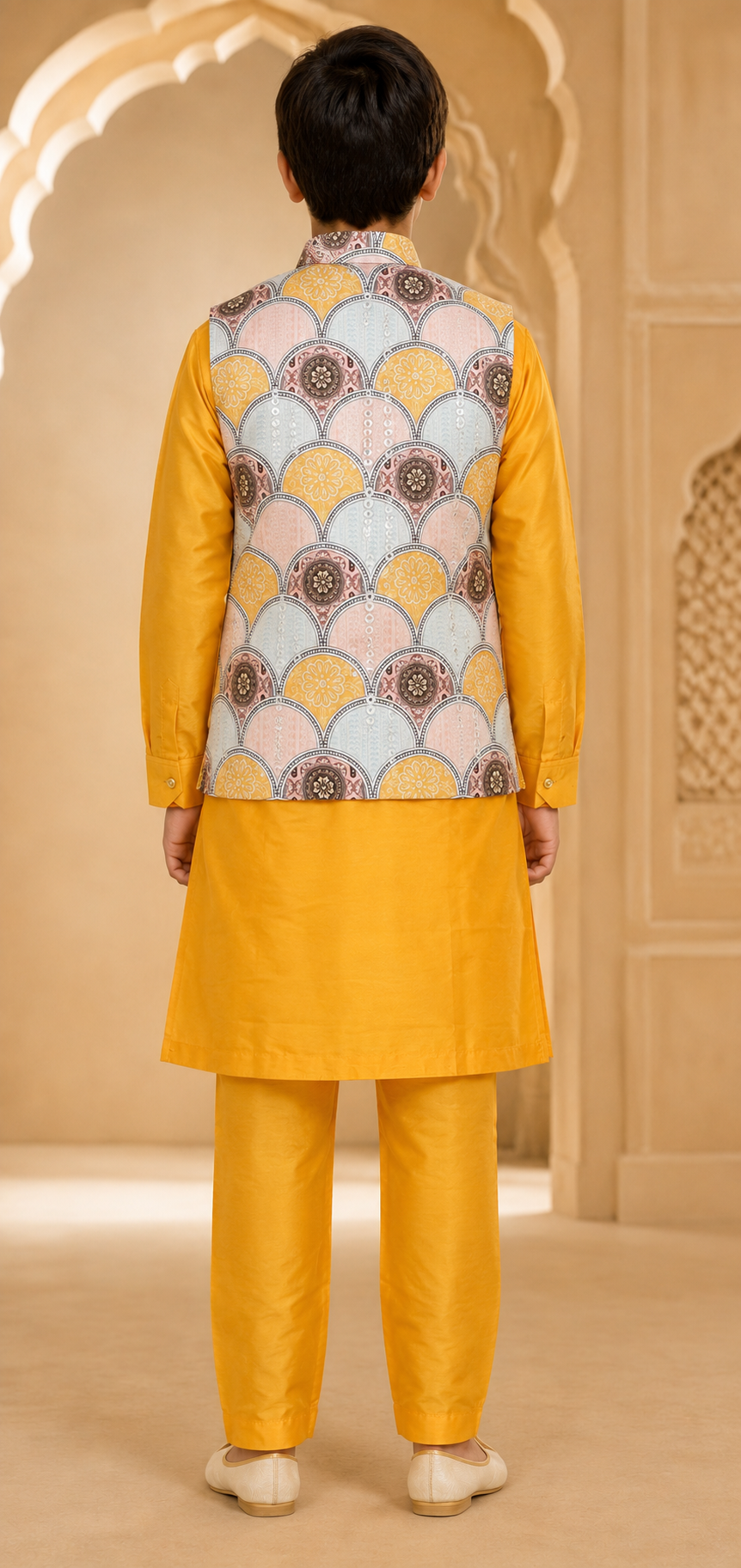 Boys Sunshine Yellow premium cotton kurta pyjama and koti set – back view