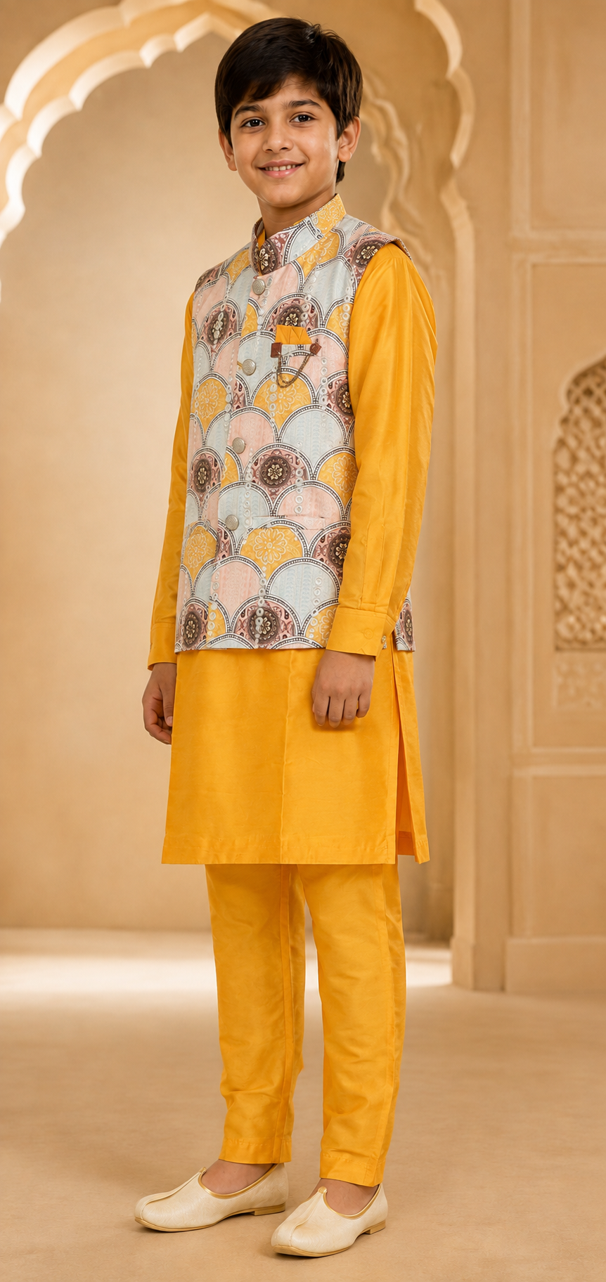 Boys Sunshine Yellow premium cotton kurta pyjama and koti set – side view