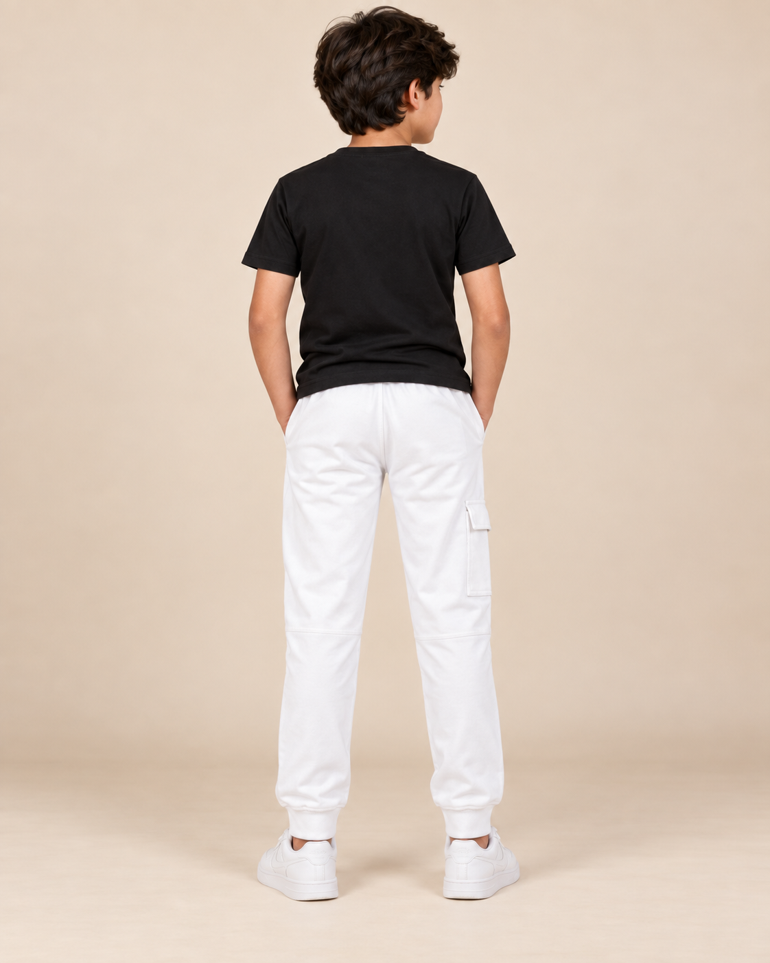 Boys white cotton cargo trousers, back model view