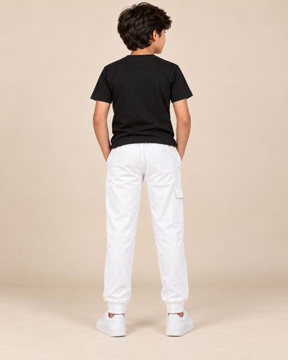 Boys white cotton cargo trousers, back model view