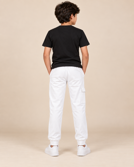 Boys white cotton cargo trousers, back model view