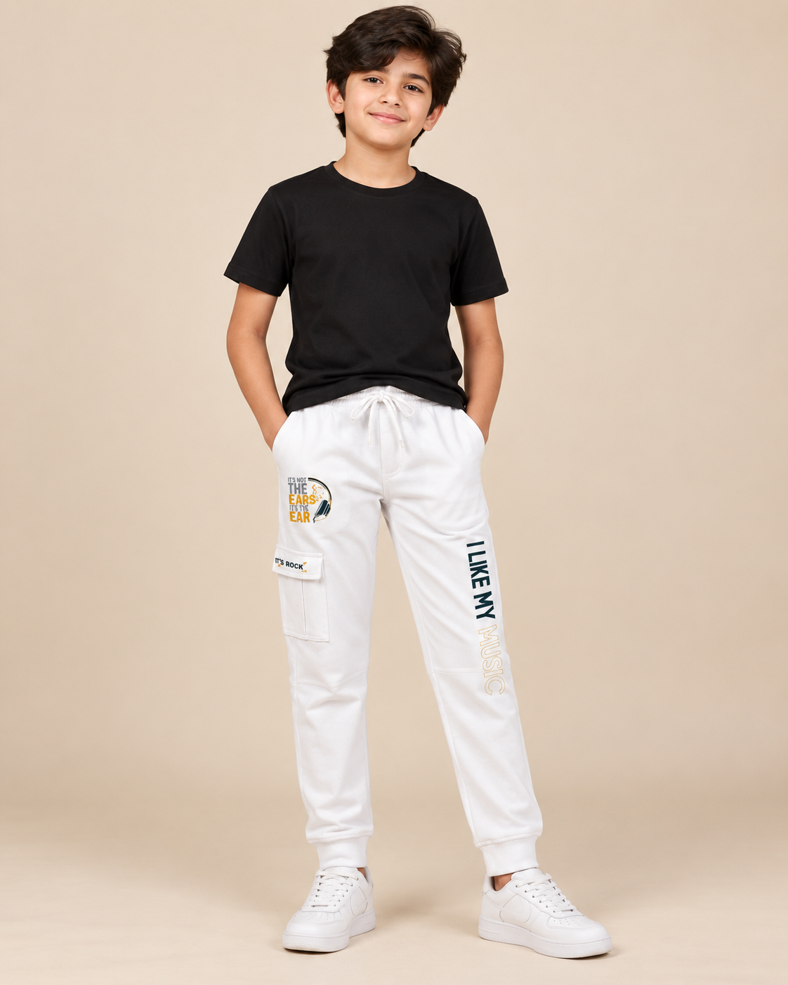 Boys white cotton cargo trousers with music graphic, front model view