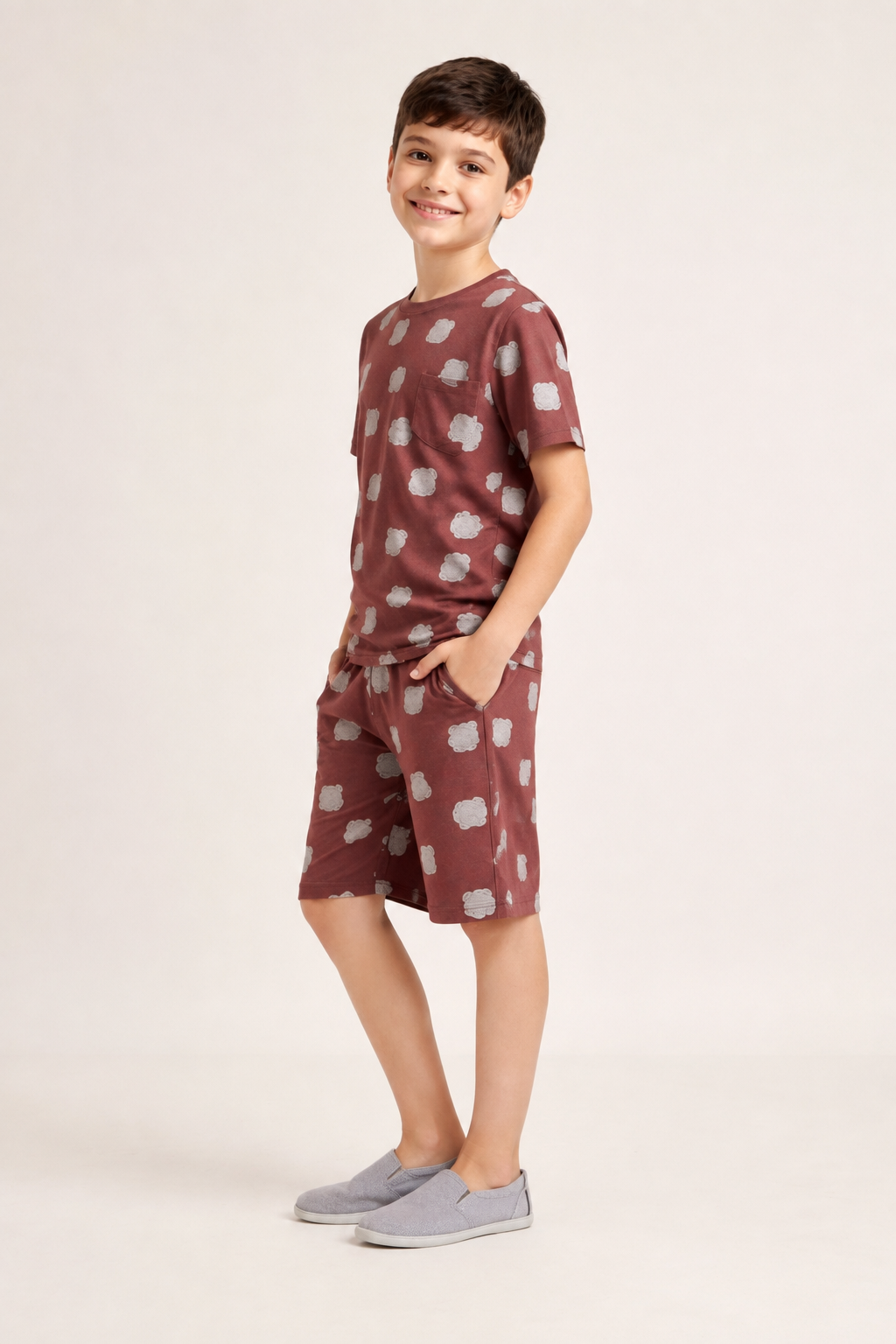 Boys rust brown teddy print short night suit alternate view