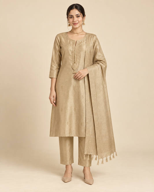 Champagne zari weave kurta set on model - full front view