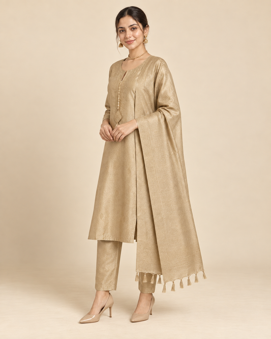 Champagne zari weave kurta set on model - three-quarter view