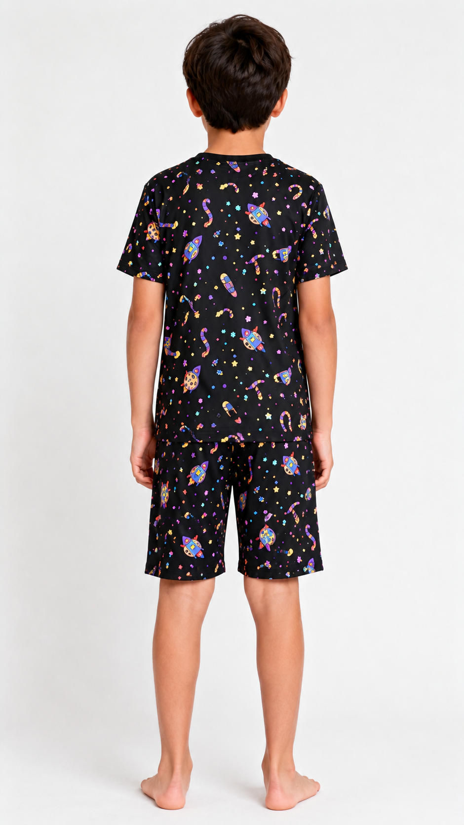 Boys classic black space print short night suit back view