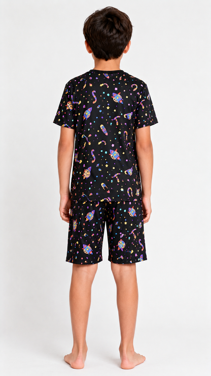 Boys classic black space print short night suit back view