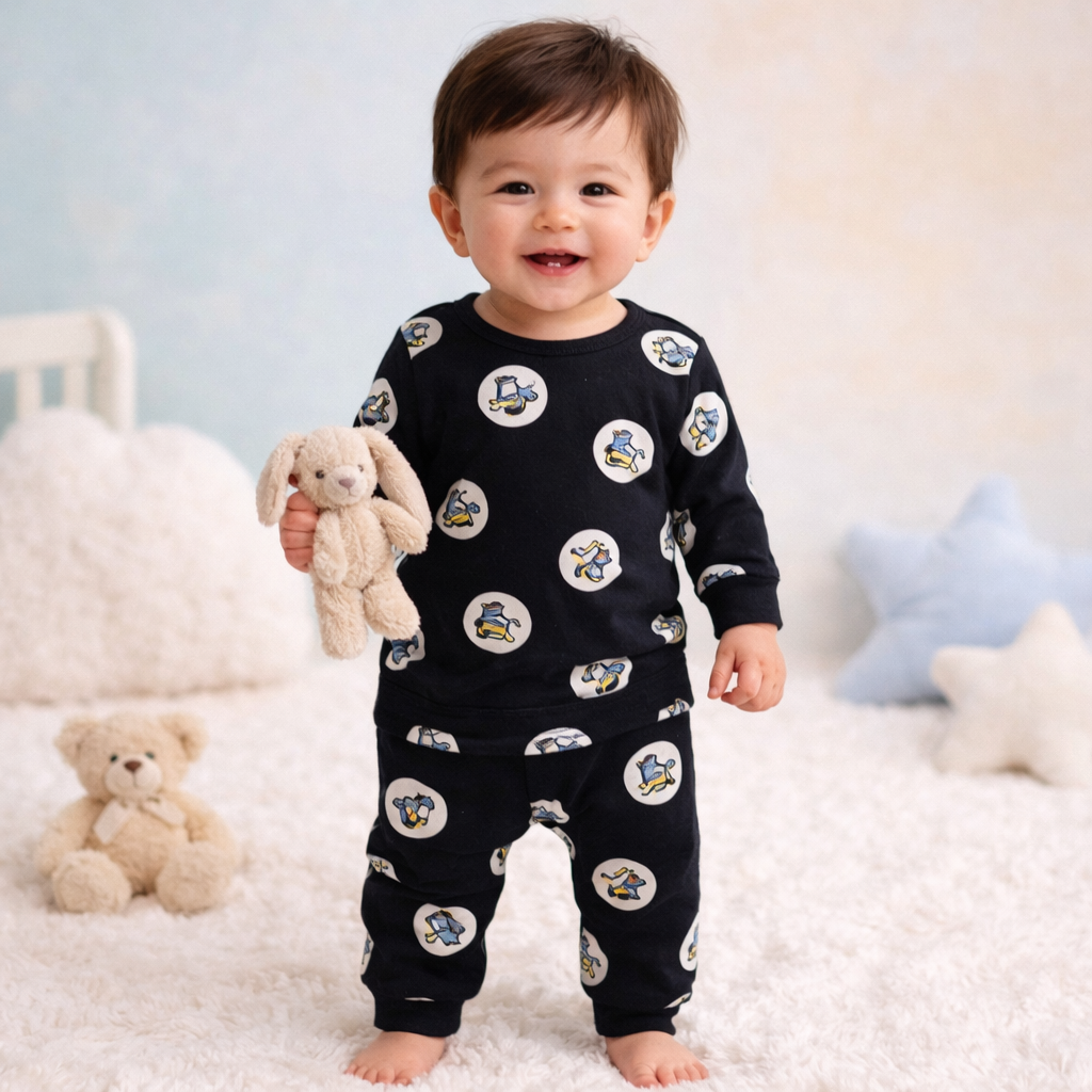 Classic Black puppy print baby lounge set front view