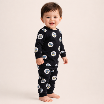 Classic Black puppy print baby lounge set side view